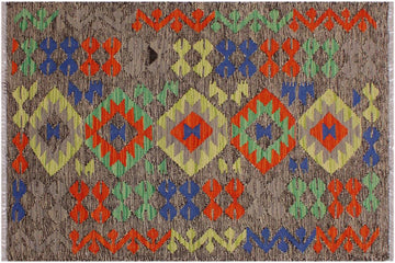 Flat Weave Kilim, Antique, Navaho, Vintage, Handmade, Geometric Kilim Brown Rust Hand-Woven Rectangle 100% Wool Area Rug 3 x 4